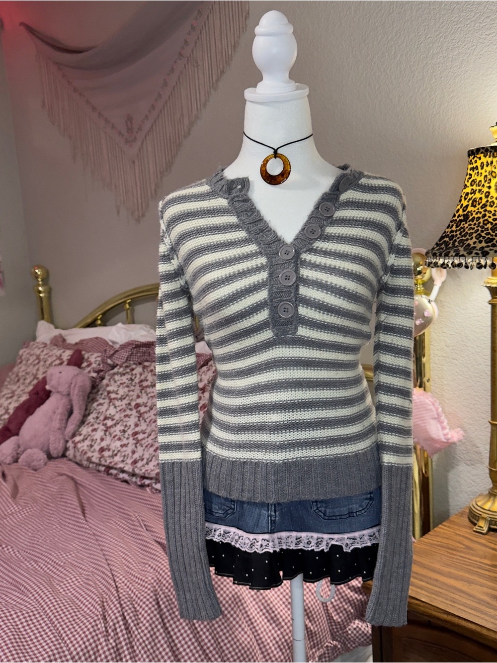Y2K Gray and Cream Striped V-Neck Button Sweater